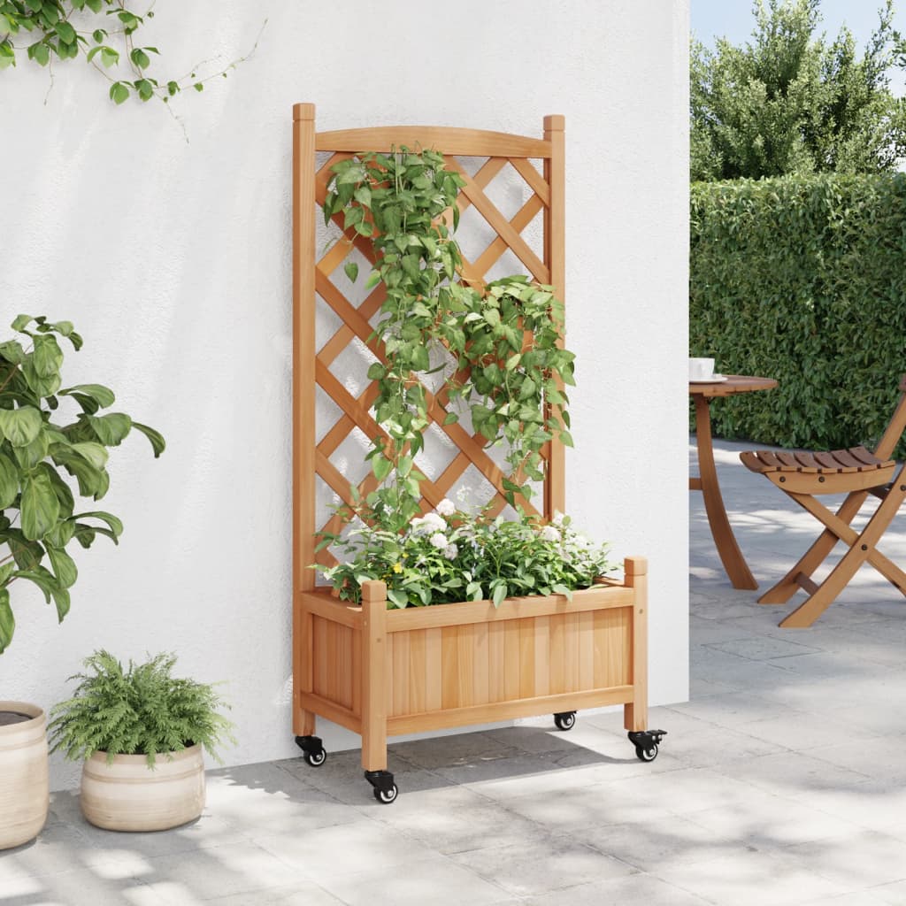 vidaXL Jardinera con enrejado y ruedas madera maciza de abeto marrón