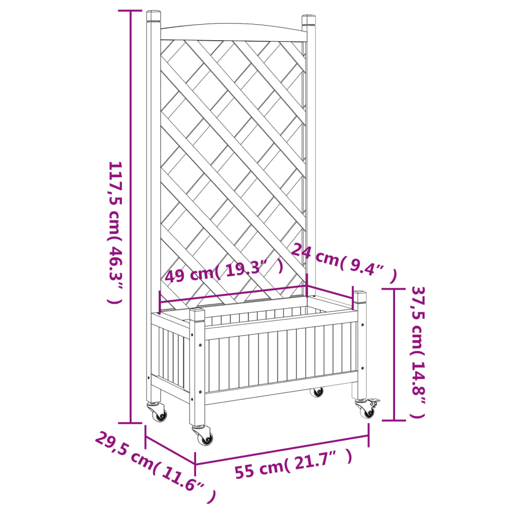 vidaXL Jardinera con enrejado y ruedas madera maciza de abeto marrón