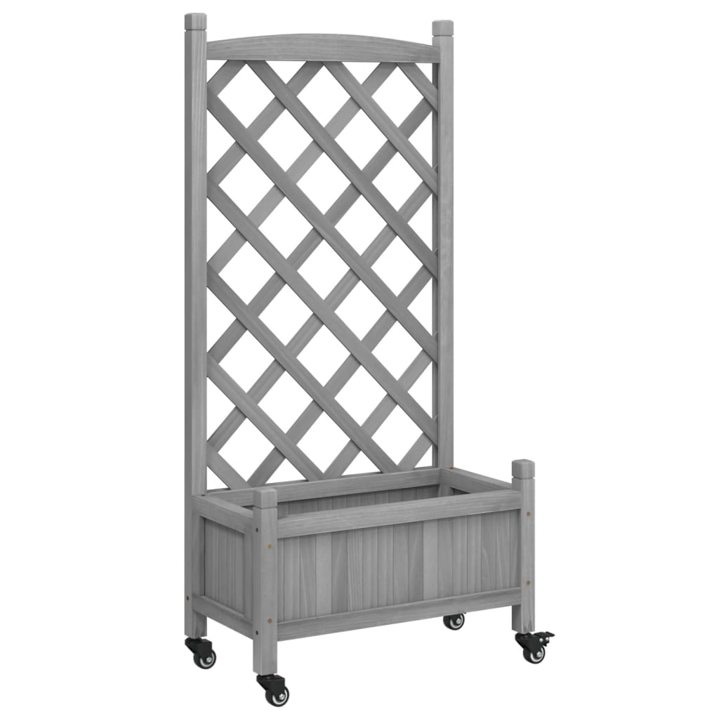 vidaXL Jardinera con enrejado y ruedas madera maciza de abeto gris