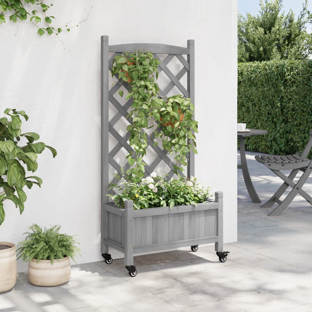 vidaXL Jardinera con enrejado y ruedas madera maciza de abeto gris