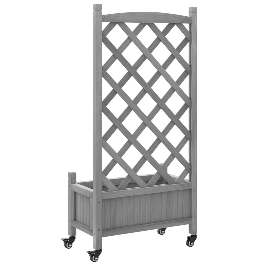 vidaXL Jardinera con enrejado y ruedas madera maciza de abeto gris