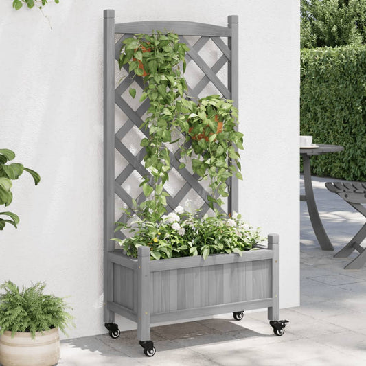 vidaXL Jardinera con enrejado y ruedas madera maciza de abeto gris