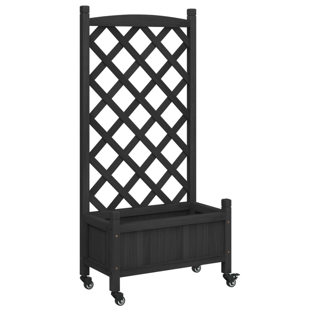 vidaXL Jardinera con enrejado y ruedas madera maciza de abeto negro