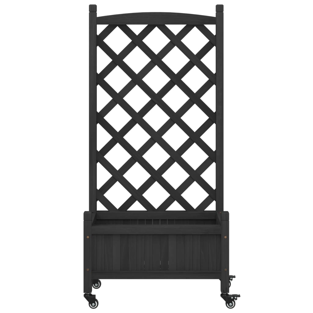 vidaXL Jardinera con enrejado y ruedas madera maciza de abeto negro