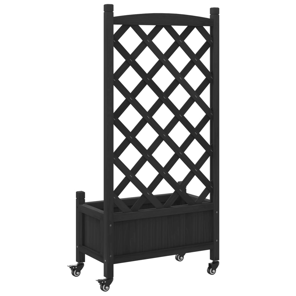 vidaXL Jardinera con enrejado y ruedas madera maciza de abeto negro