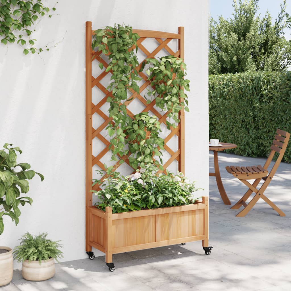 vidaXL Jardinera con enrejado y ruedas madera maciza de abeto marrón