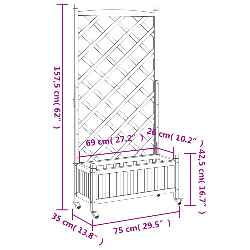 vidaXL Jardinera con enrejado y ruedas madera maciza de abeto marrón