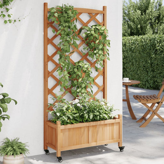 vidaXL Jardinera con enrejado y ruedas madera maciza de abeto marrón