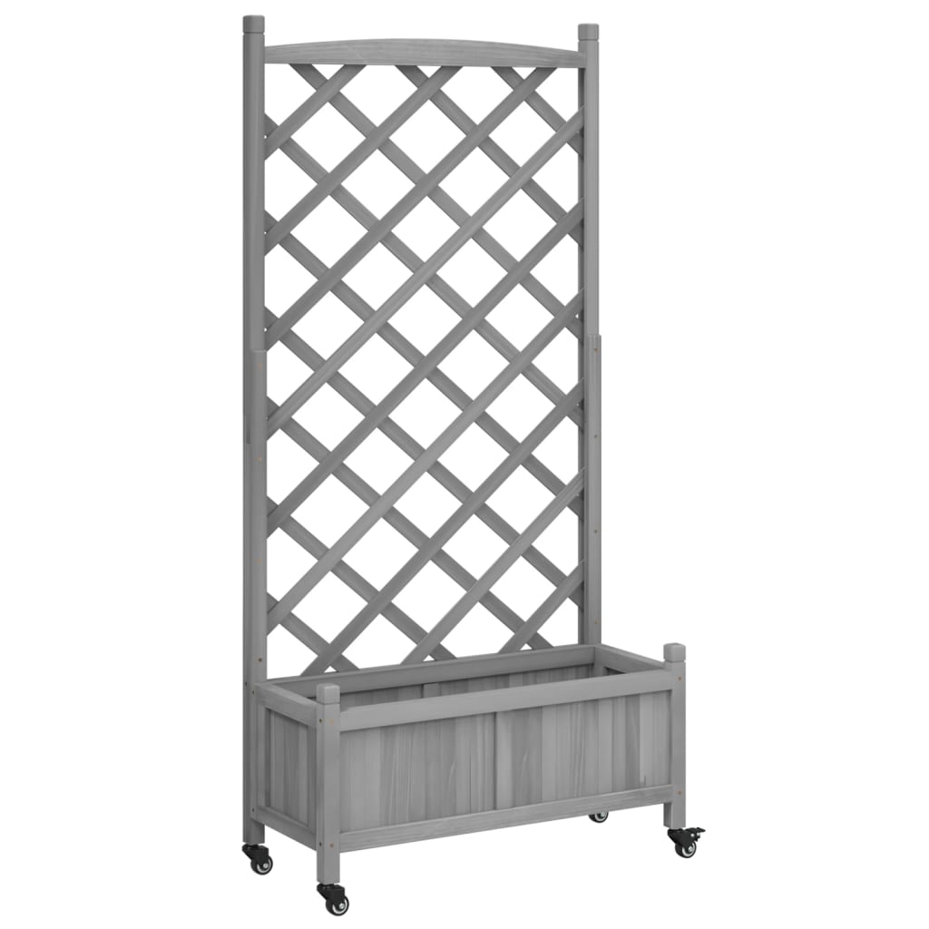 vidaXL Jardinera con enrejado y ruedas madera maciza de abeto gris