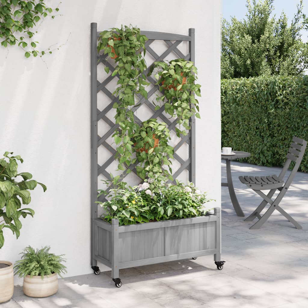 vidaXL Jardinera con enrejado y ruedas madera maciza de abeto gris