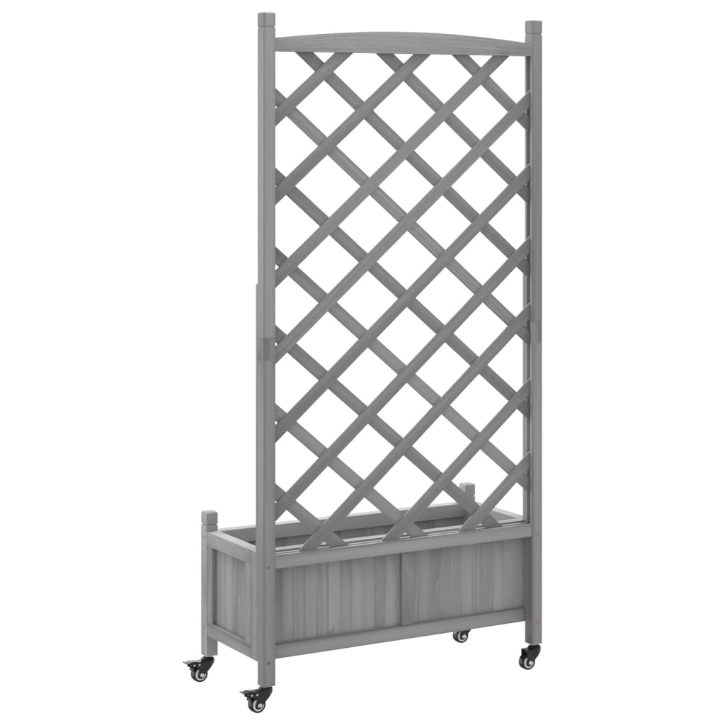 vidaXL Jardinera con enrejado y ruedas madera maciza de abeto gris