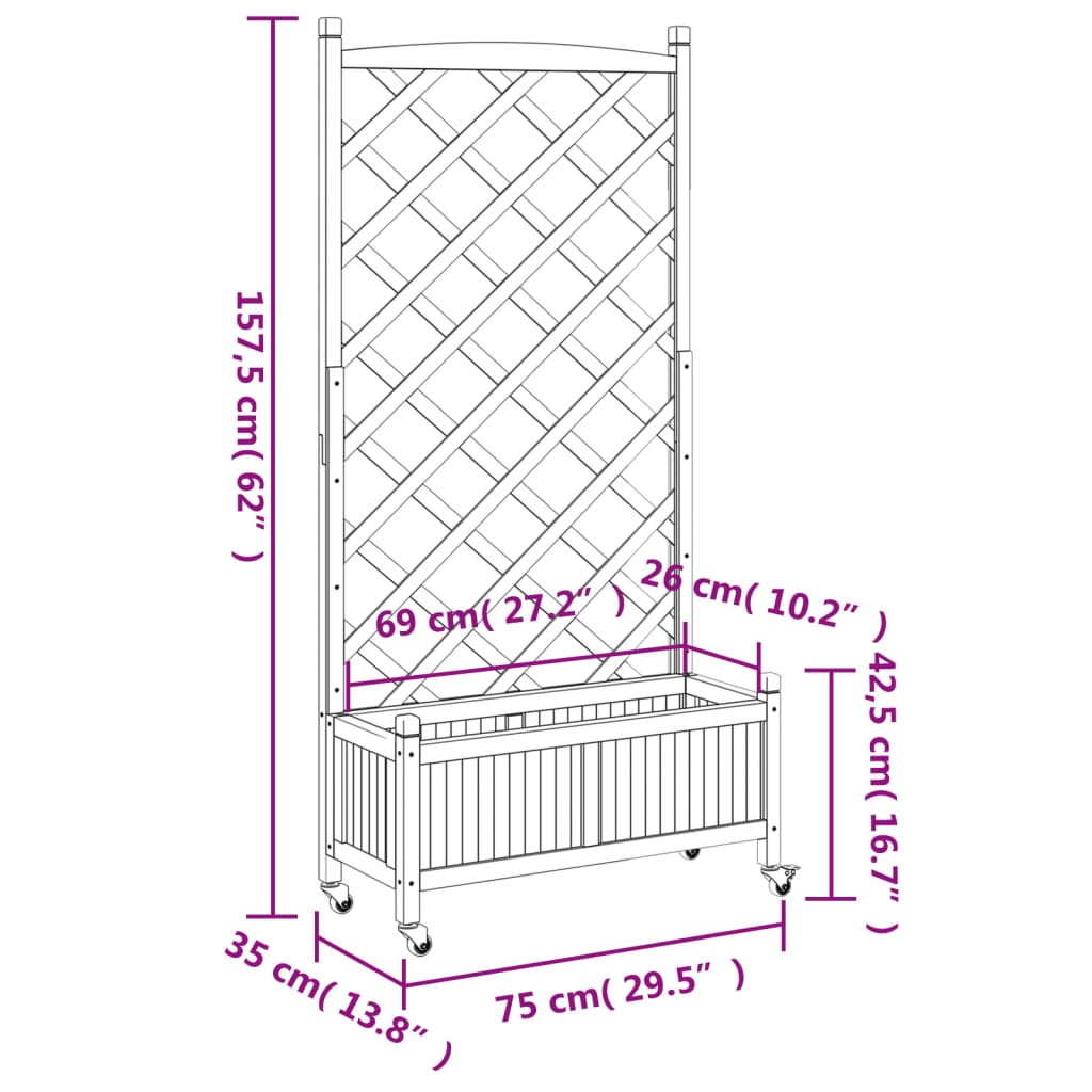 vidaXL Jardinera con enrejado y ruedas madera maciza de abeto negro