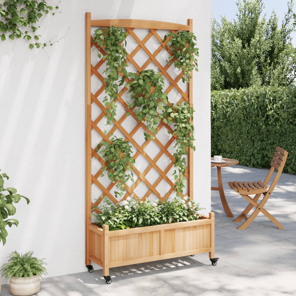 vidaXL Jardinera con enrejado y ruedas madera maciza de abeto marrón