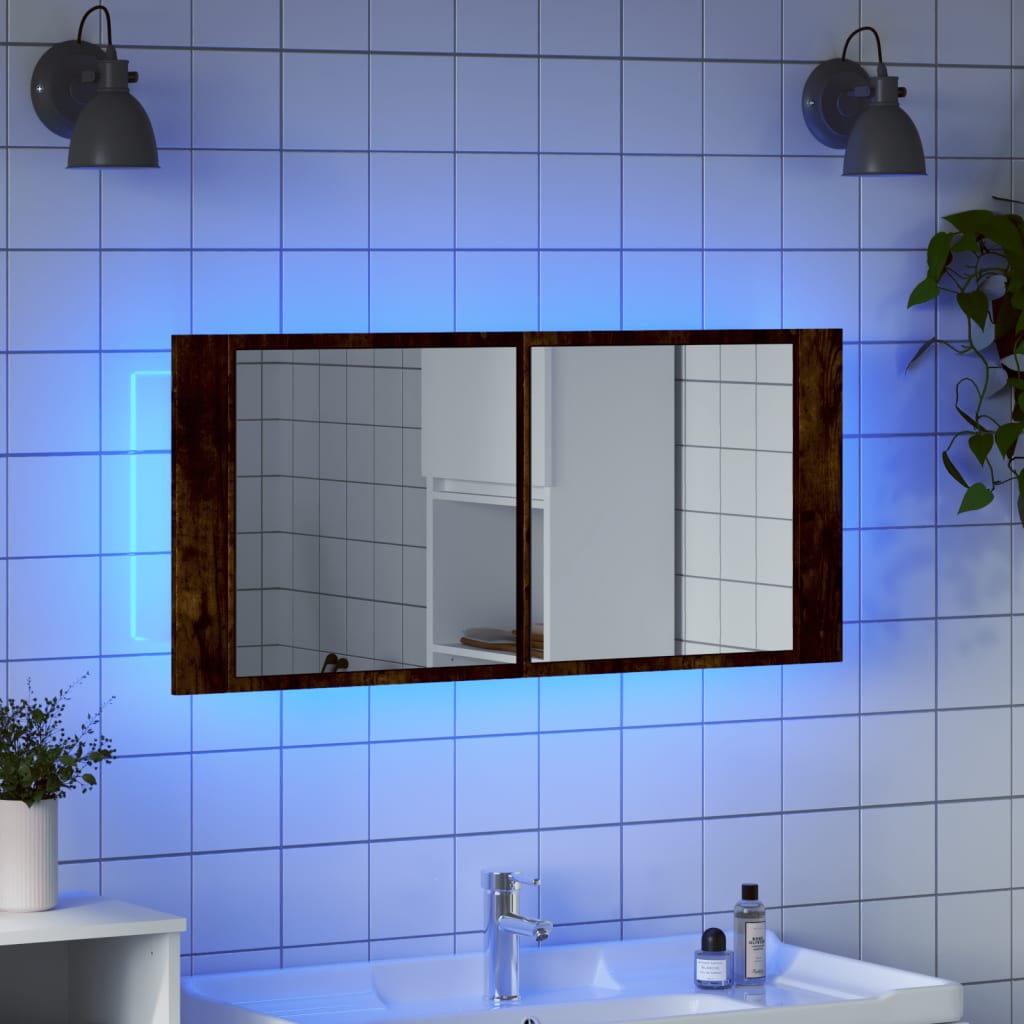 vidaXL Armario de baño con espejo y luz LED roble ahumado 100x12x45 cm