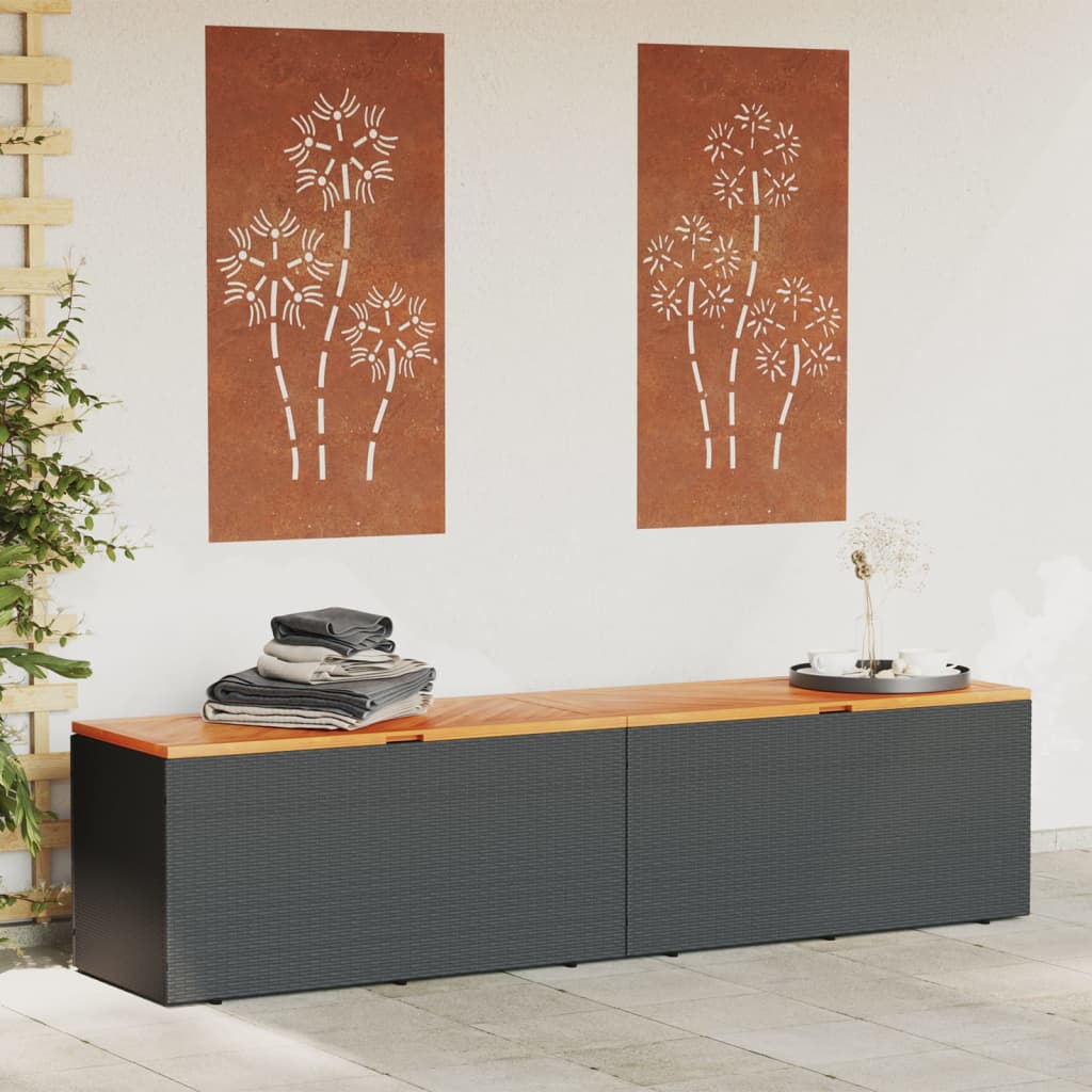 vidaXL Caja de almacenaje jardín madera acacia ratán negro 220x50x54cm