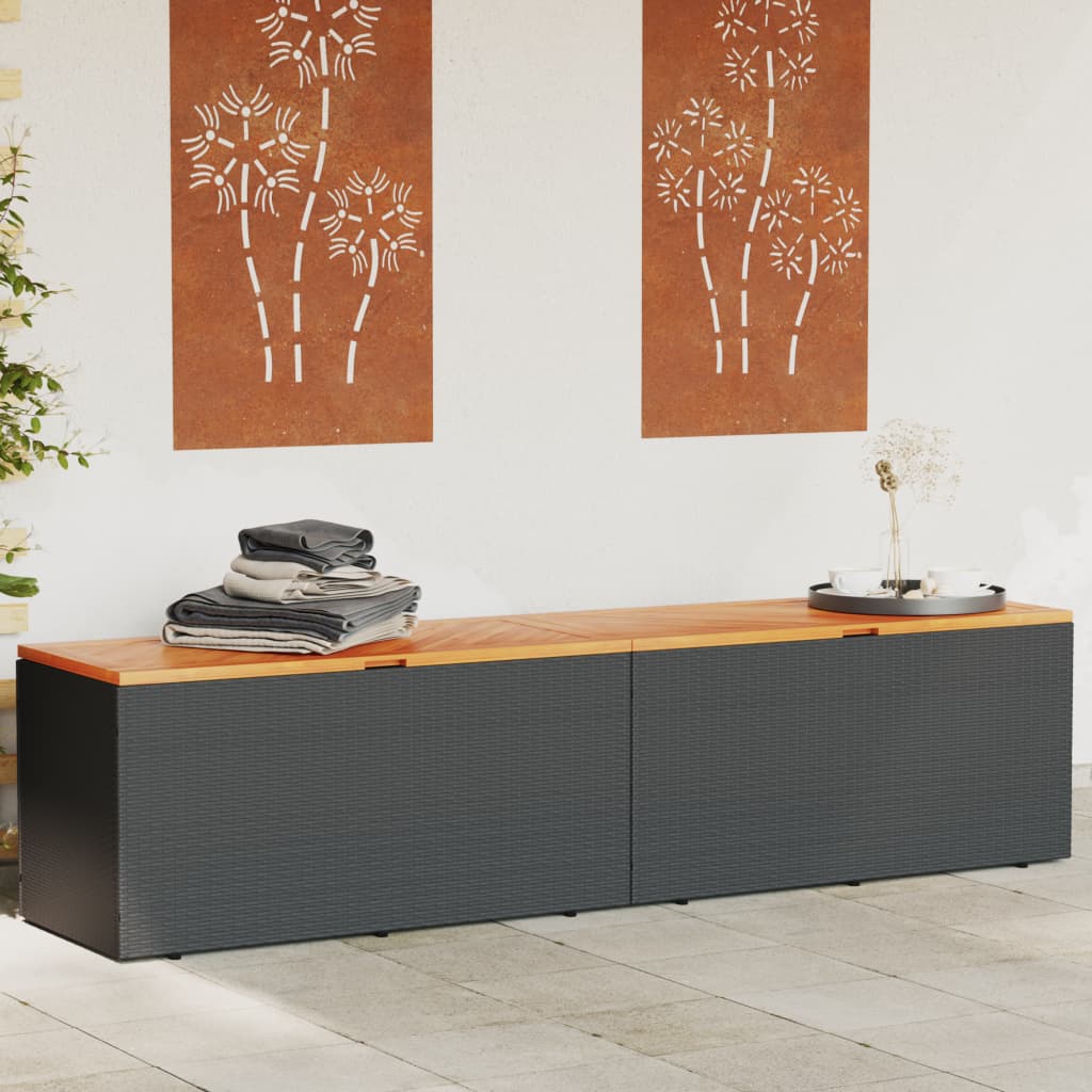 vidaXL Caja de almacenaje jardín madera acacia ratán negro 220x50x54cm