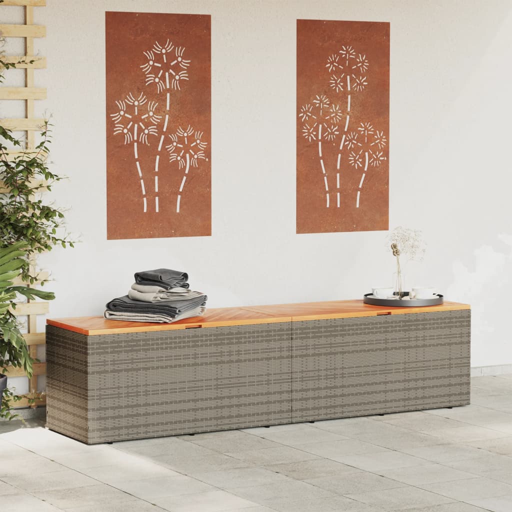 vidaXL Caja de almacenaje jardín madera acacia ratán gris 220x50x54cm