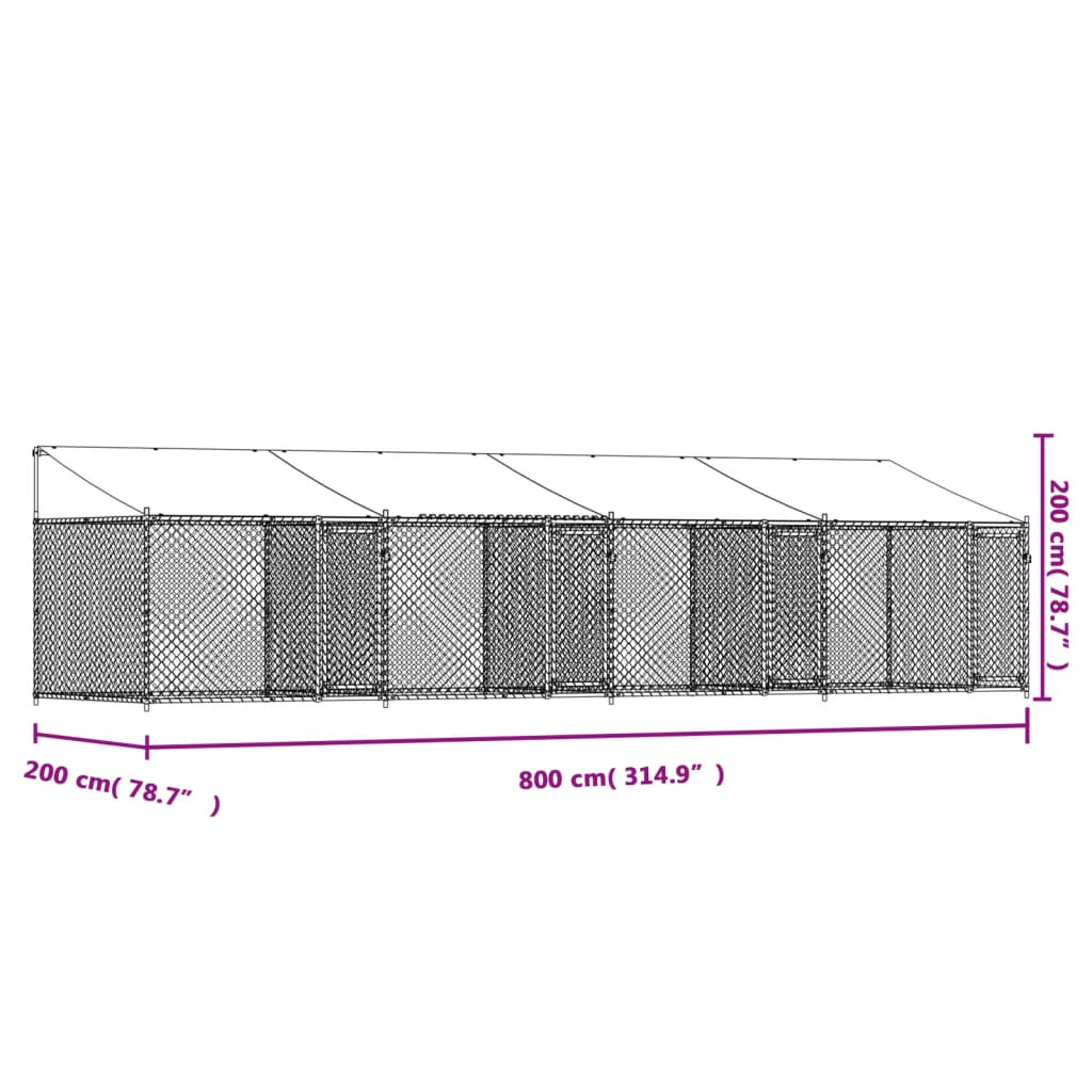 vidaXL Jaula de perros techo y puertas acero galvanizado gris 8x2x2 m