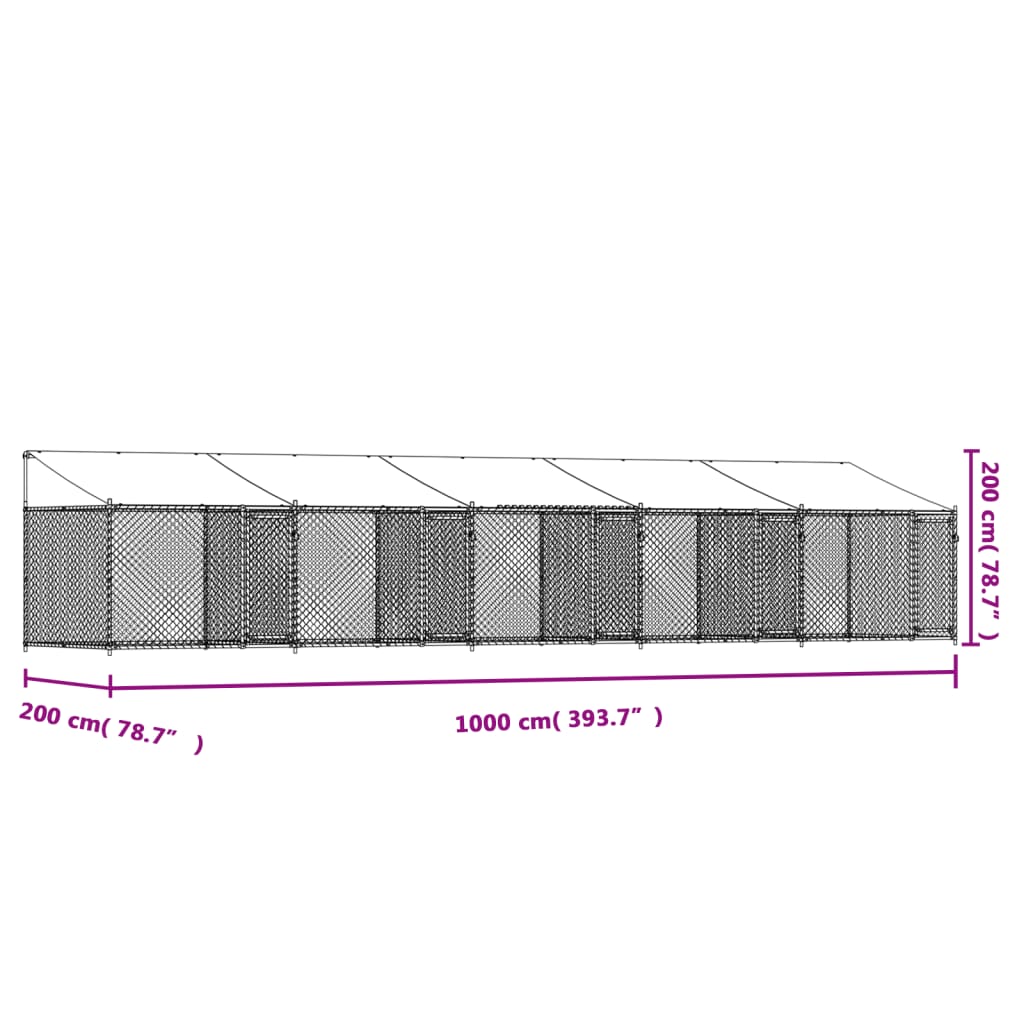 vidaXL Jaula de perros techo y puertas acero galvanizado gris 10x2x2 m