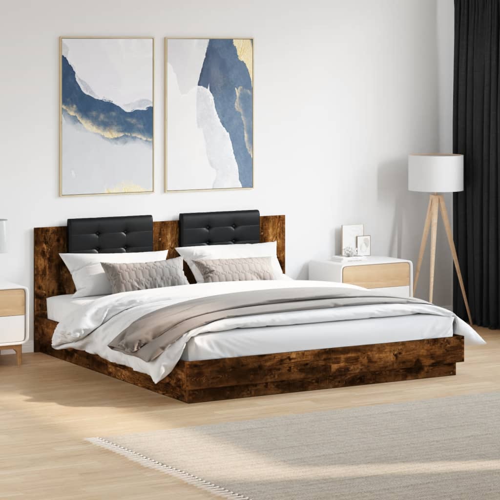 vidaXL Cama con cabecero madera de ingeniería roble ahumado 180x200 cm