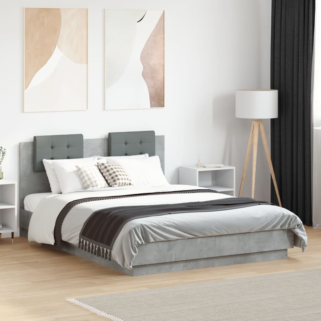 vidaXL Cama con cabecero madera de ingeniería gris hormigón 135x190 cm