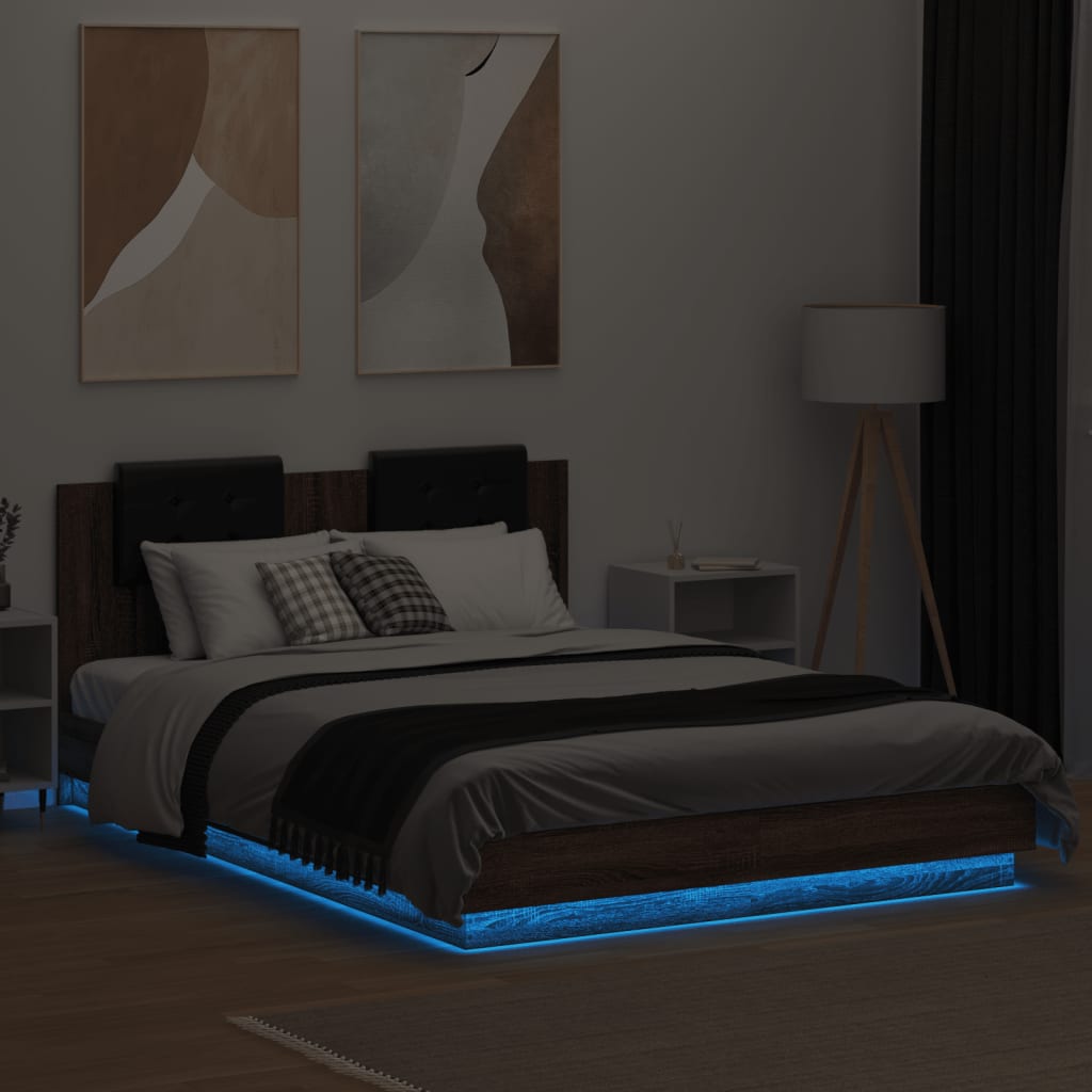 vidaXL Estructura de cama cabecero y luces LED marrón roble 150x200 cm