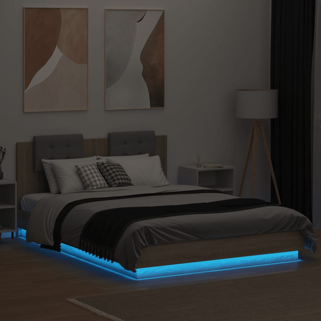 vidaXL Estructura de cama cabecero luces LED roble Sonoma 140x200 cm