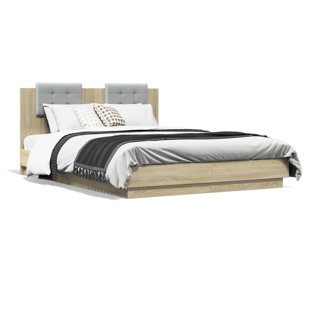 vidaXL Estructura de cama cabecero luces LED roble Sonoma 140x200 cm