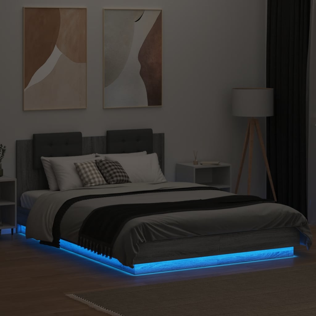 vidaXL Estructura de cama cabecero luces LED gris Sonoma 140x200 cm