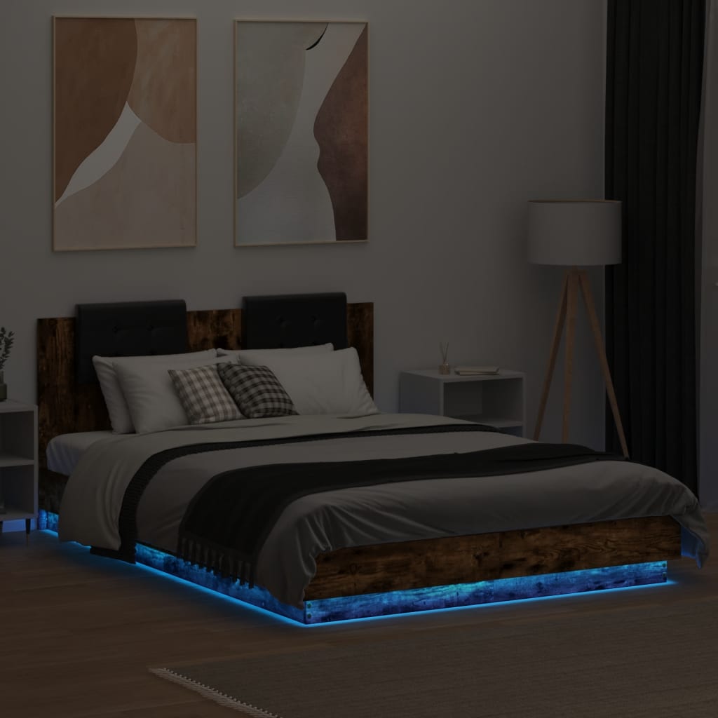 vidaXL Estructura de cama cabecero luces LED roble ahumado 120x200 cm