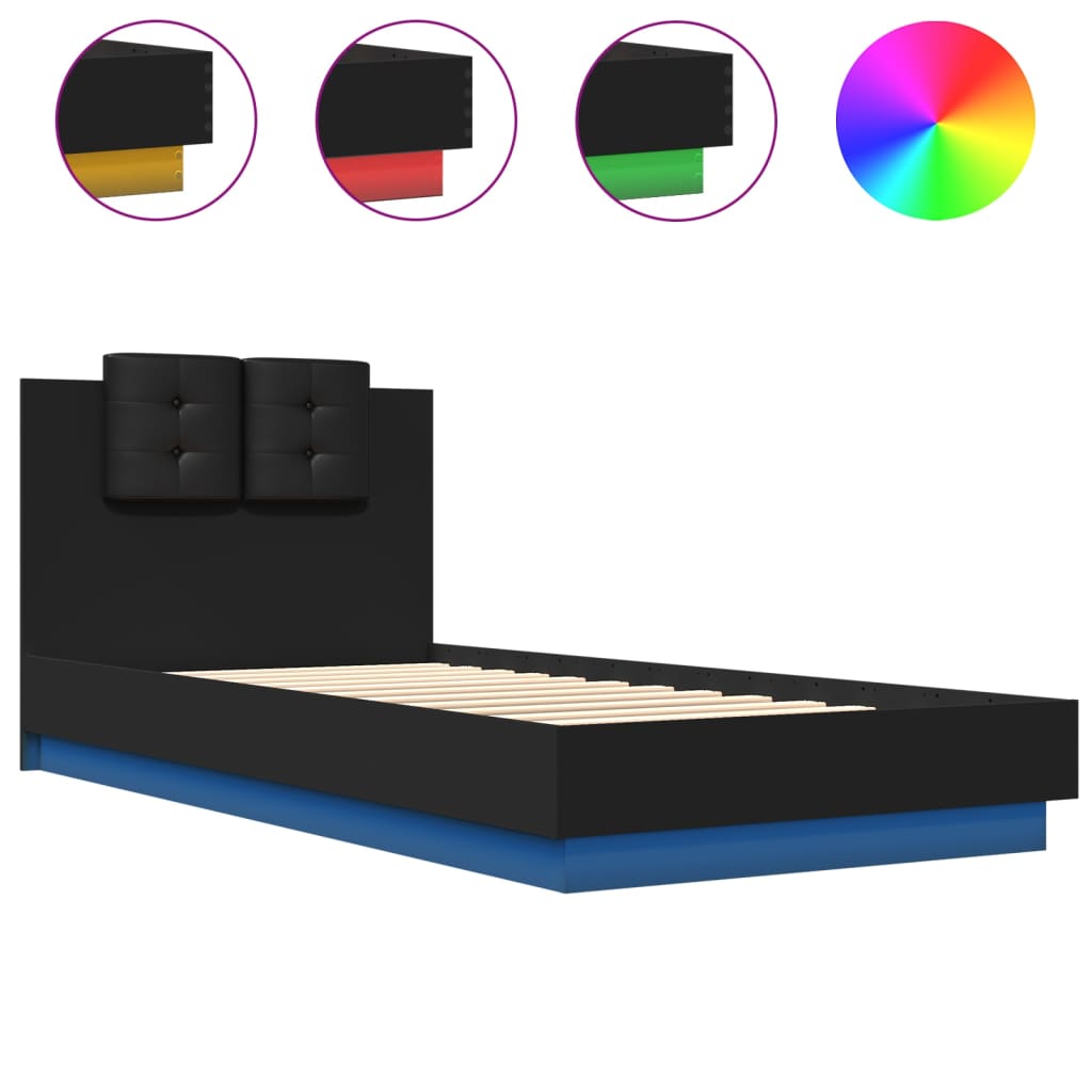 vidaXL Estructura de cama con cabecero y luces LED negro 100x200 cm