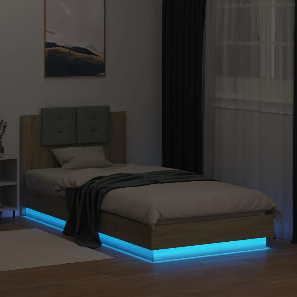 vidaXL Estructura de cama cabecero luces LED roble Sonoma 100x200 cm