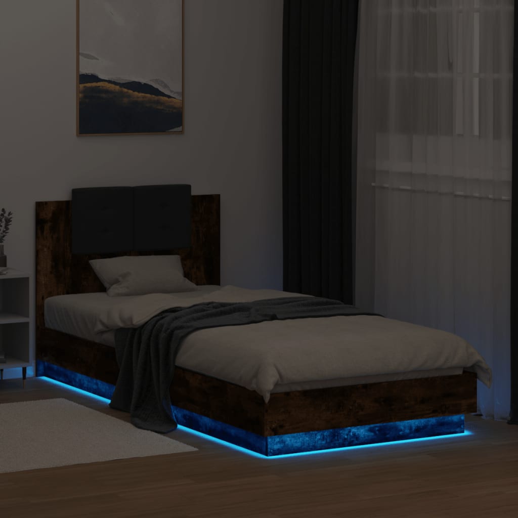 vidaXL Estructura de cama cabecero luces LED roble ahumado 100x200 cm