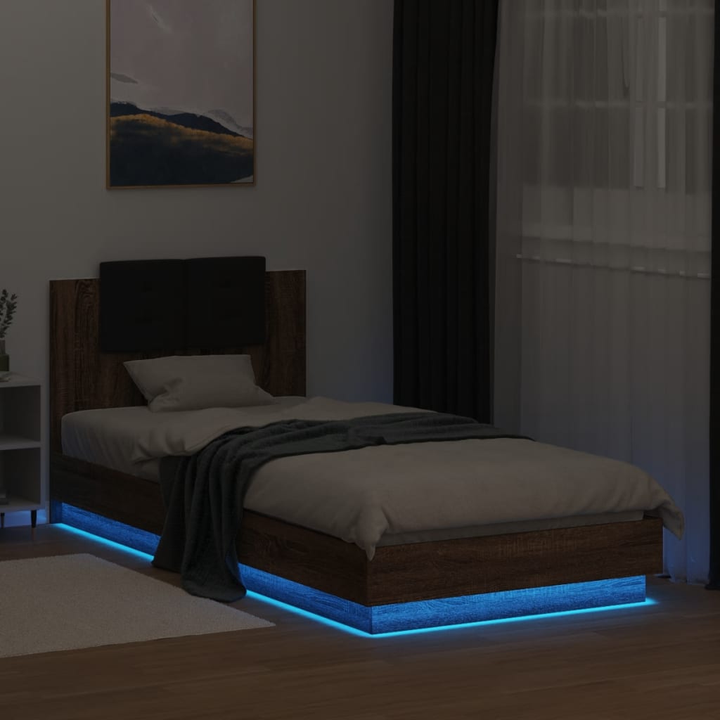 vidaXL Estructura de cama cabecero luces LED roble marrón 100x200 cm