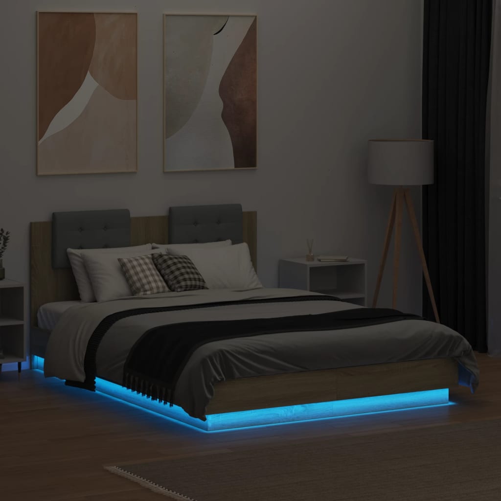 vidaXL Estructura de cama cabecero luces LED roble Sonoma 140x190 cm