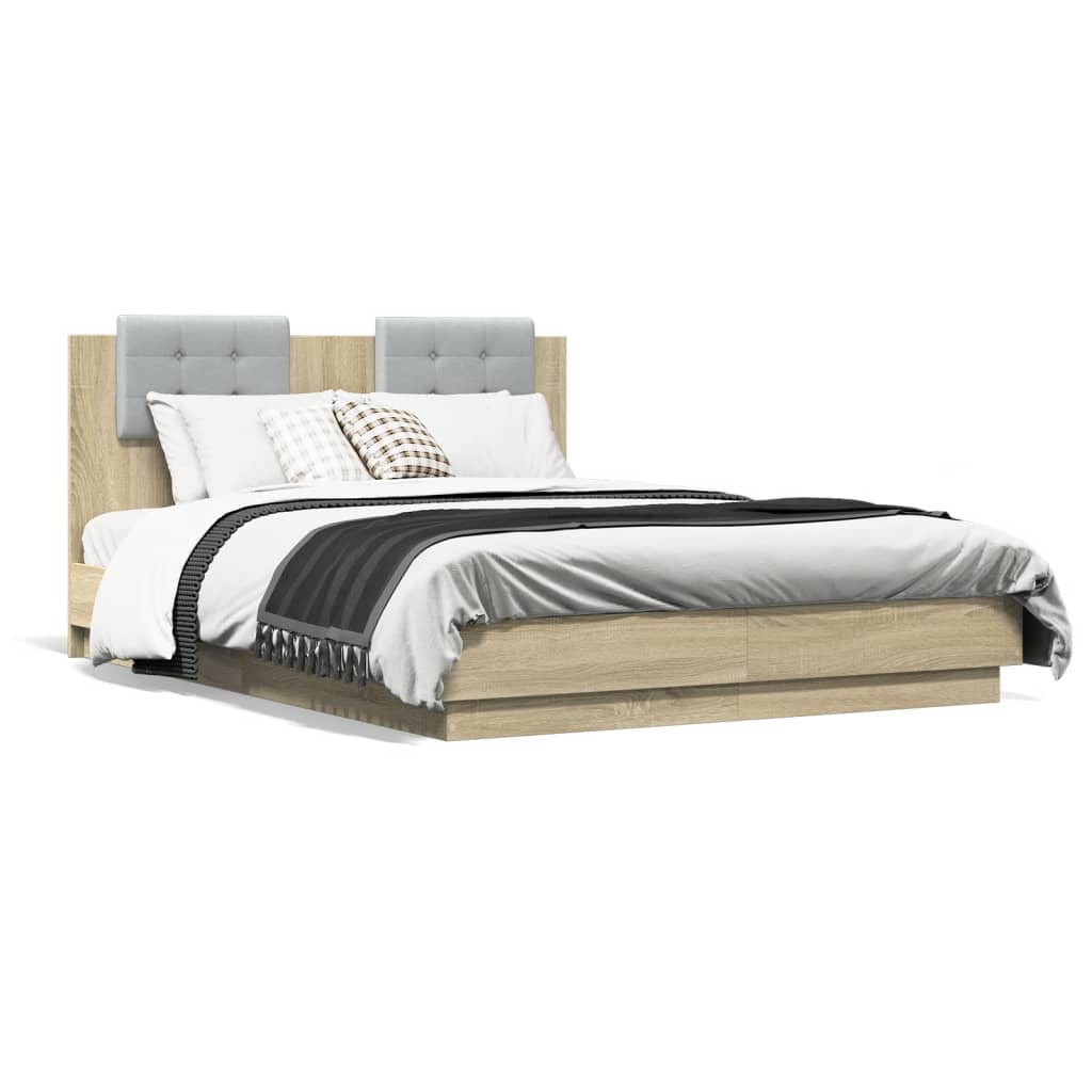 vidaXL Estructura de cama cabecero luces LED roble Sonoma 140x190 cm