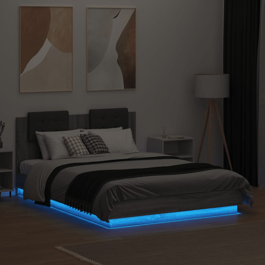 vidaXL Estructura de cama cabecero luces LED gris Sonoma 140x190 cm