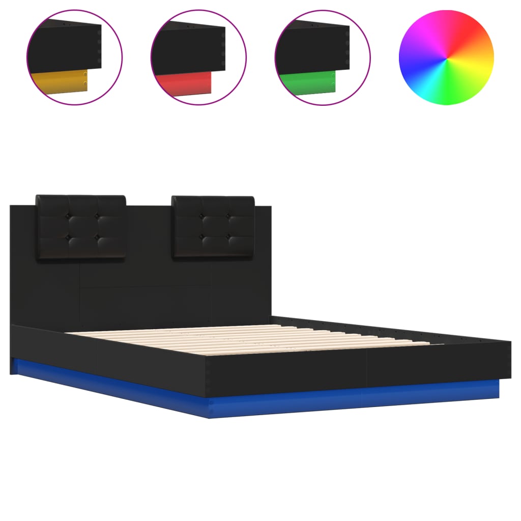 vidaXL Estructura de cama con cabecero y luces LED negro 135x190 cm