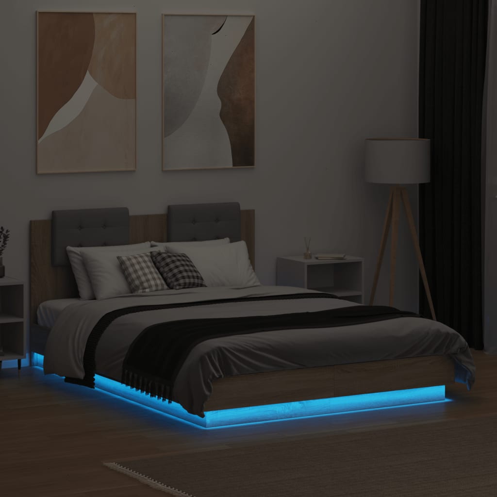 vidaXL Estructura de cama cabecero y luces LED roble Sonoma 135x190 cm