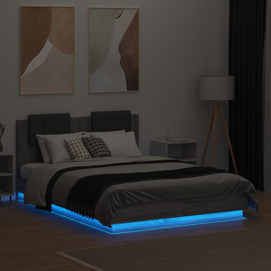 vidaXL Estructura cama con cabecero luces LED gris Sonoma 135x190 cm