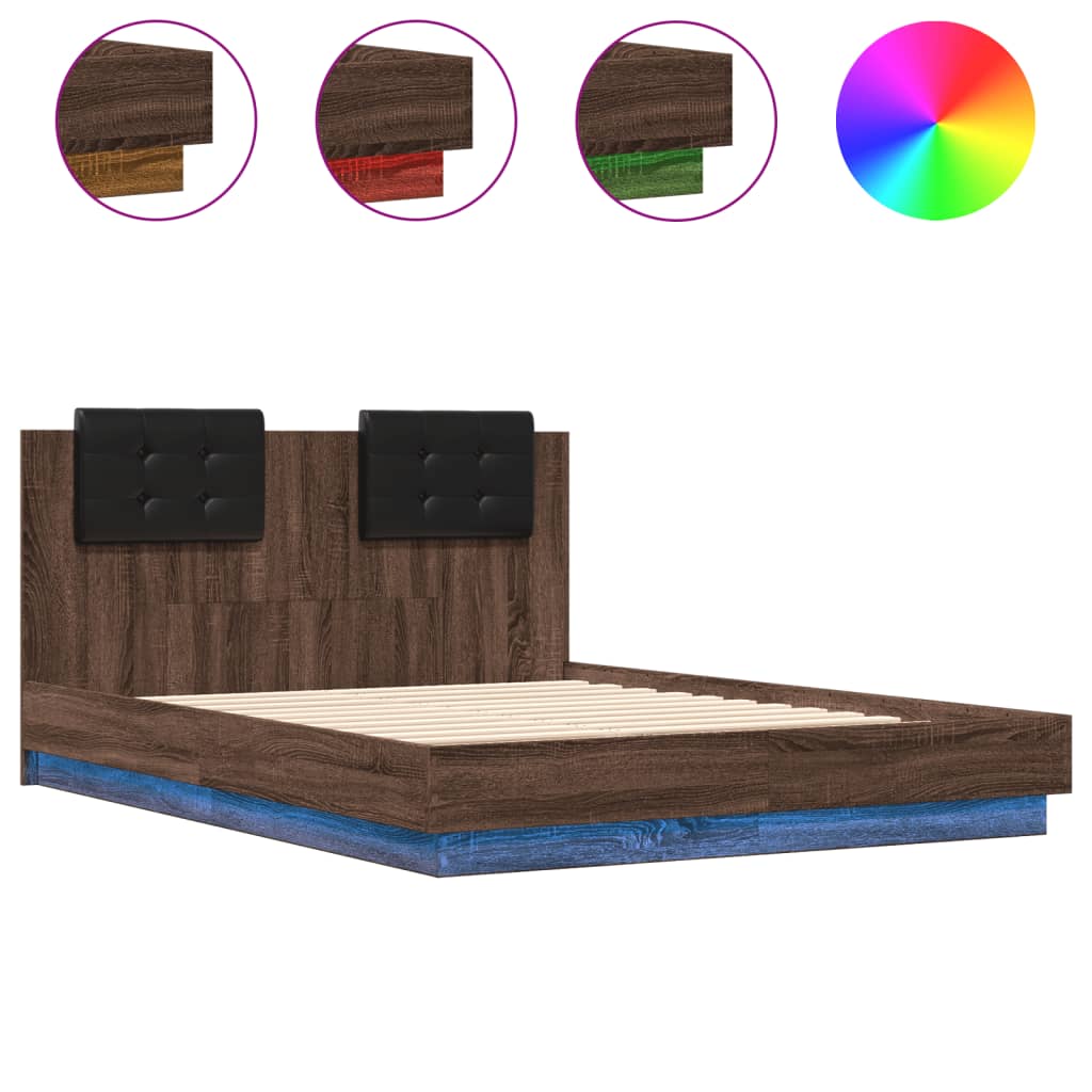 vidaXL Estructura cama con cabecero luces LED roble Sonoma 135x190 cm