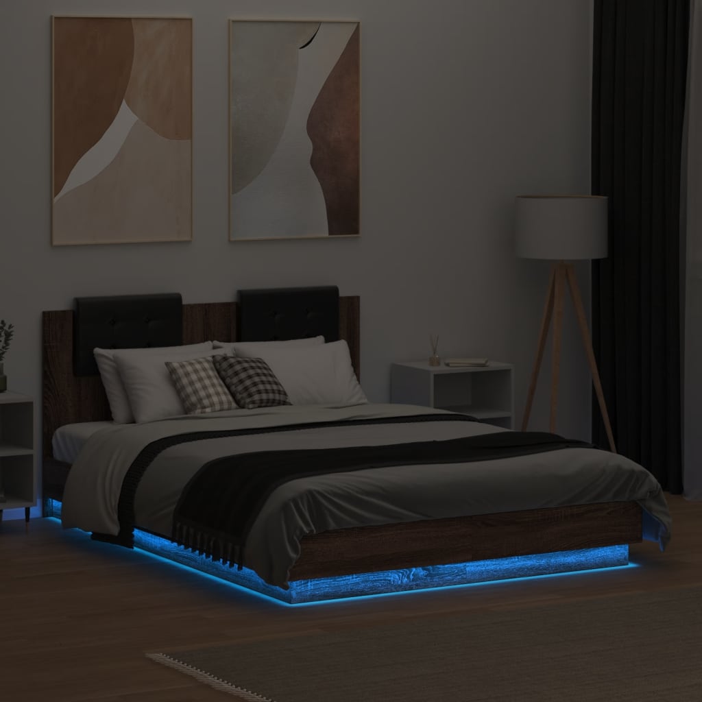 vidaXL Estructura cama con cabecero luces LED marrón roble 120x190 cm