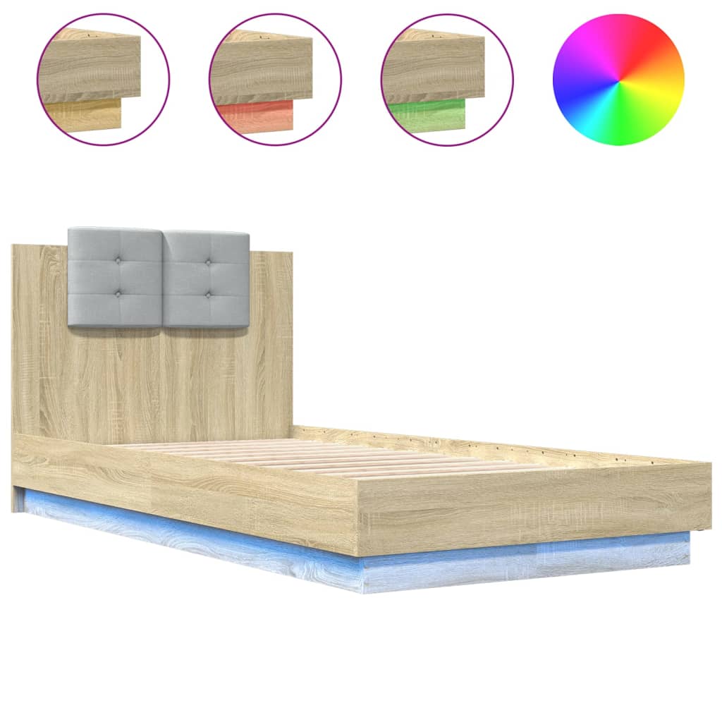 vidaXL Estructura de cama cabecero luces LED roble Sonoma 90x190 cm