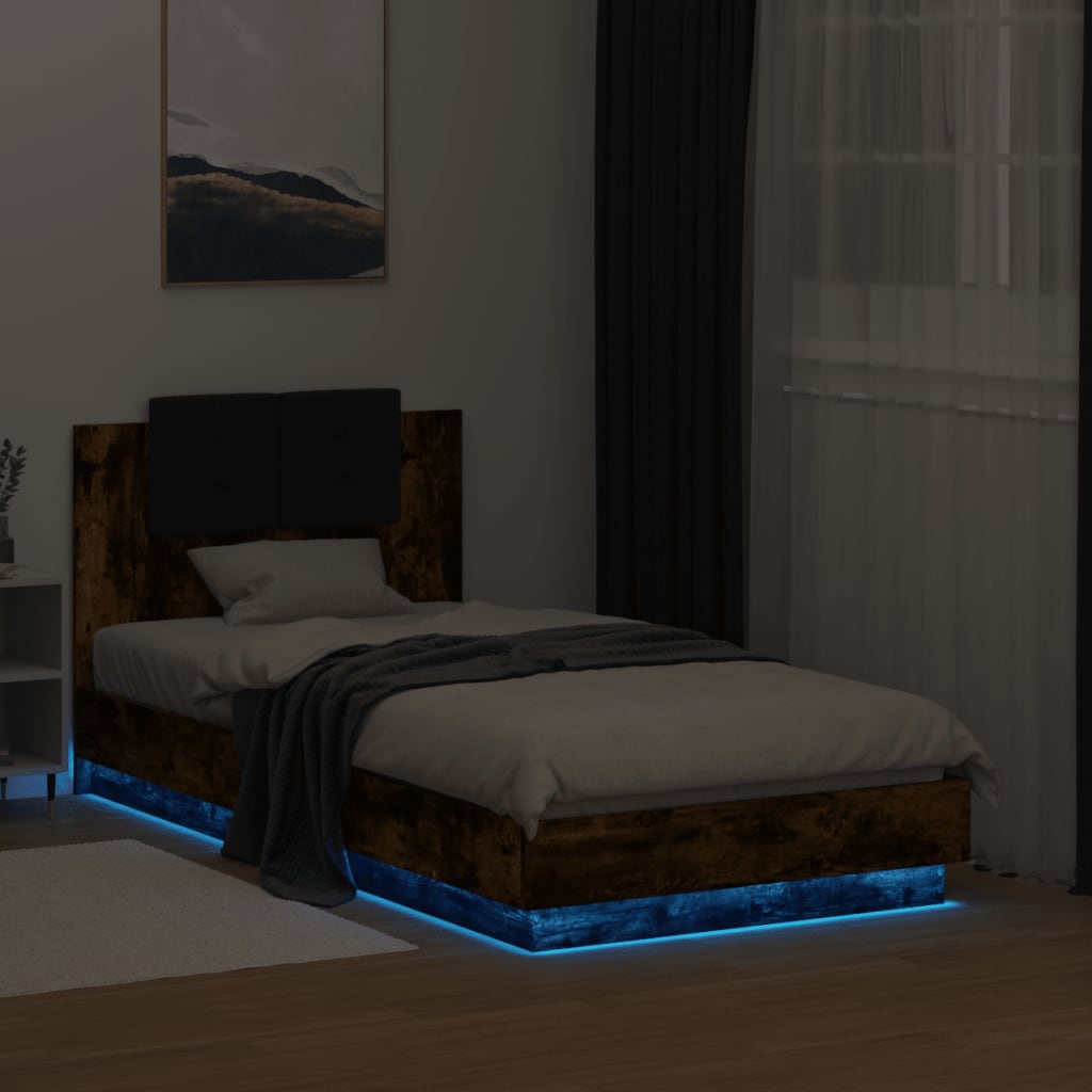 vidaXL Estructura de cama cabecero luces LED roble ahumado 90x190 cm