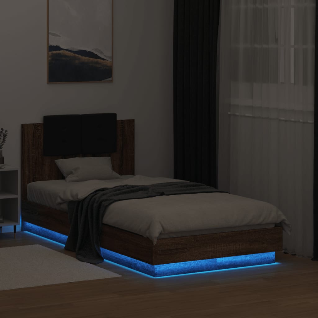 vidaXL Estructura de cama cabecero luces LED marrón roble 90x190 cm