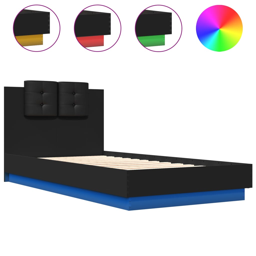 vidaXL Estructura de cama con cabecero y luces LED negro 75x190 cm