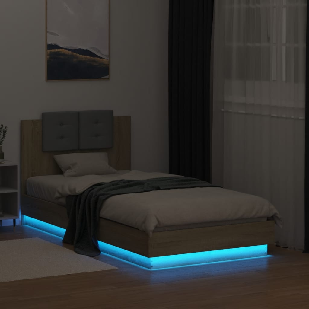 vidaXL Estructura de cama cabecero luces LED roble Sonoma 75x190 cm