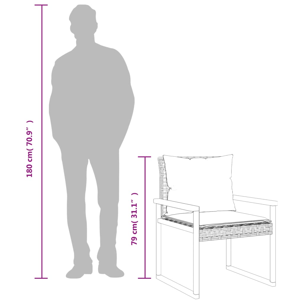 vidaXL Mesita y sillas con cojines 3 pzas ratán PE madera acacia negro