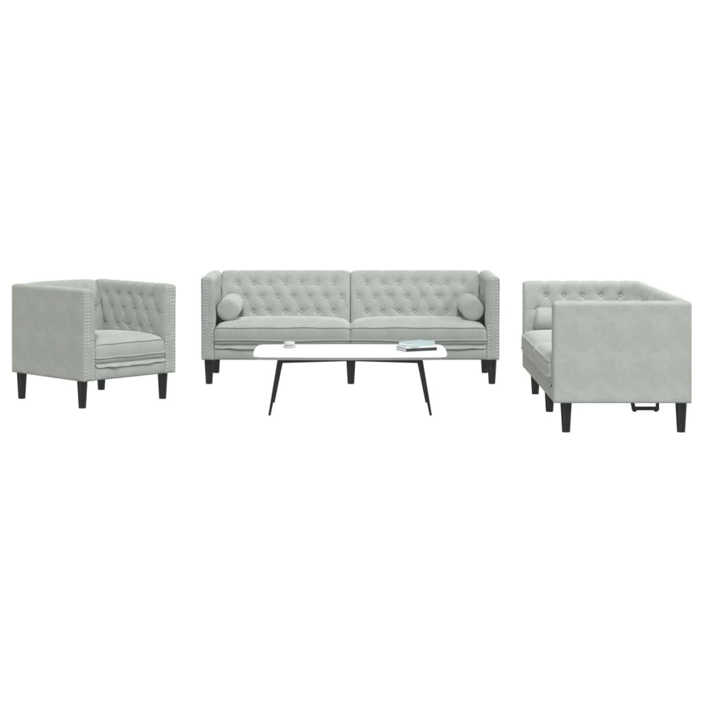 vidaXL Set sofás Chesterfield con cojines 3 pzas terciopelo gris claro