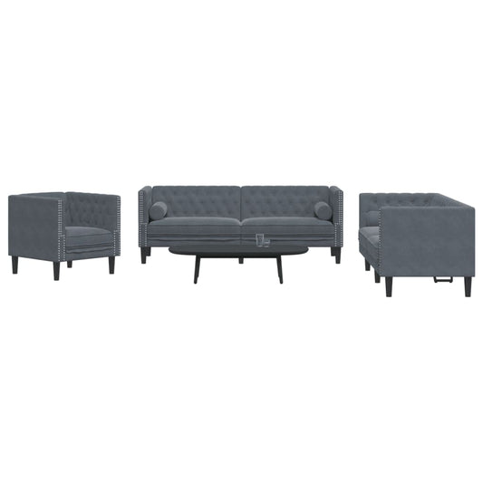 vidaXL Set sofás Chesterfield con cojines 3 pzs terciopelo gris oscuro